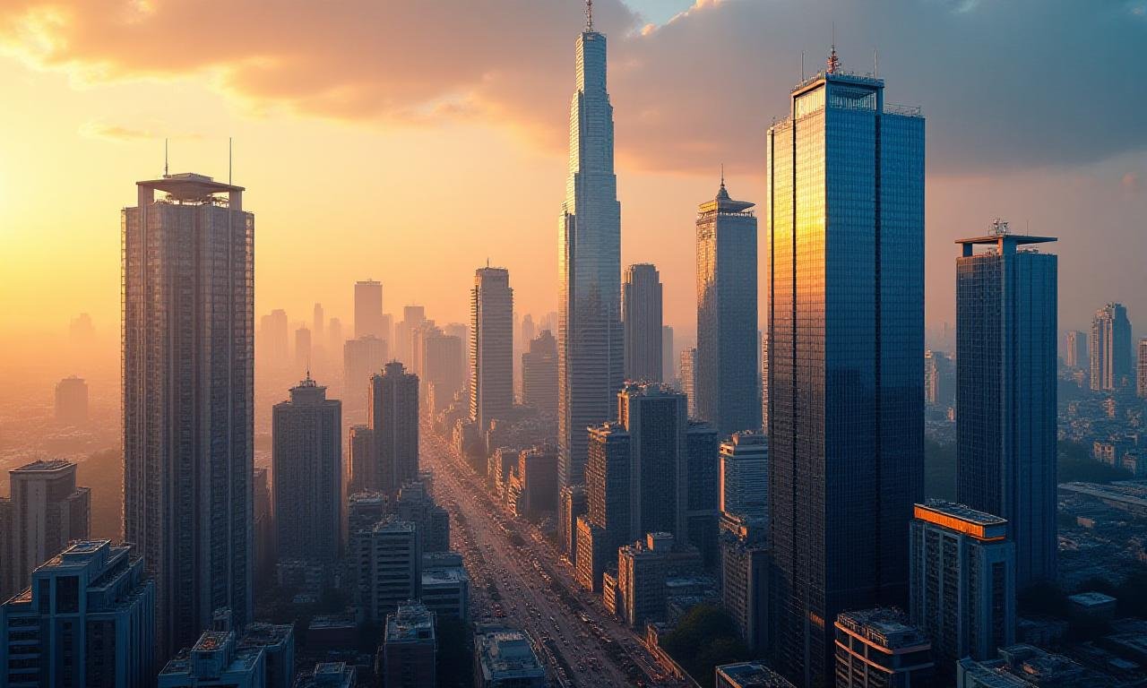Modern financial district skyline at dusk