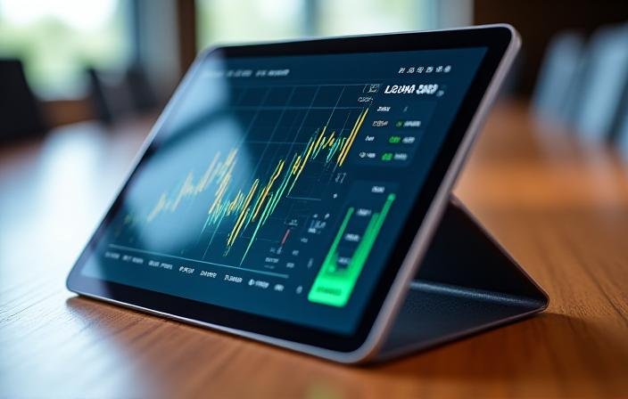 Modern financial dashboard showing complex stock charts and growth metrics