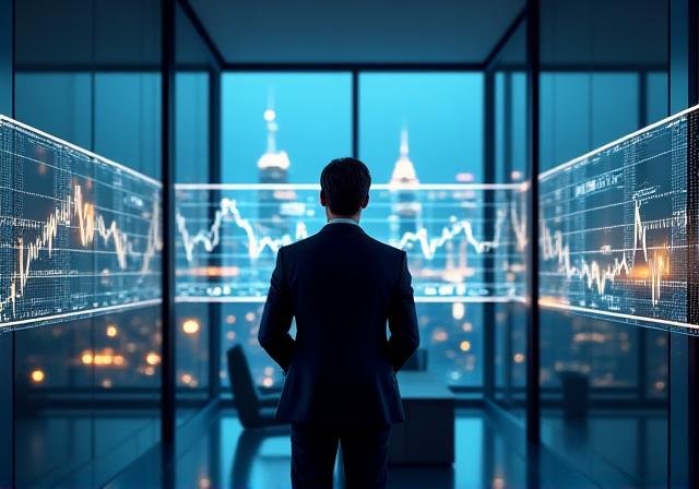 Financial expert analyzing market data on multiple screens